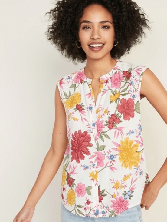 Old Navy Tops - Floral Button-Up Sleeveless Blouse in White with Yellow, Pink & Green